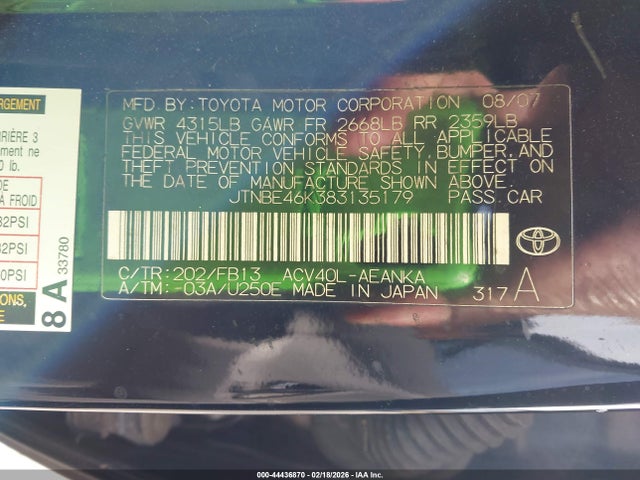 2008 TOYOTA CAMRY JTNBE46K383135179 Photo 8