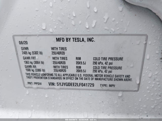 Aukcja sprzedaży 2020 Tesla Model Y Long Range Dual Motor All-wheel Drive, vin: 5YJYGDEE2LF041729, numer aukcji: 44436875