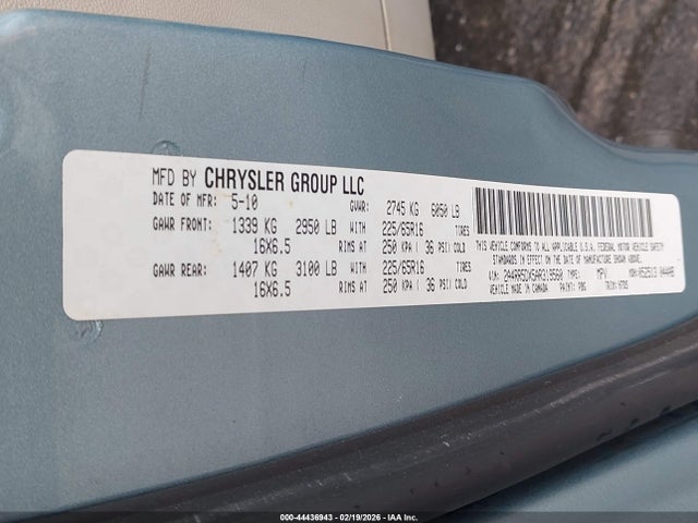 2010 Chrysler Town & Country Touring მანქანა იყიდება აუქციონზე, vin: 2A4RR5DX5AR319560, აუქციონის ნომერი: 44436943