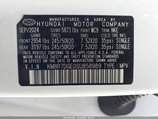 Auction sale of the 2025 Hyundai Palisade Calligraphy Night Edition, vin: KM8R7DGE0SU858989, lot number: 44437002