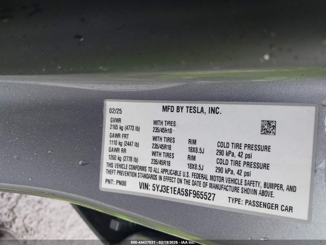 Aukcja sprzedaży 2025 Tesla Model 3 Long Range Rear-wheel Drive/standard Rear-wheel Drive, vin: 5YJ3E1EA5SF965527, numer aukcji: 44437031