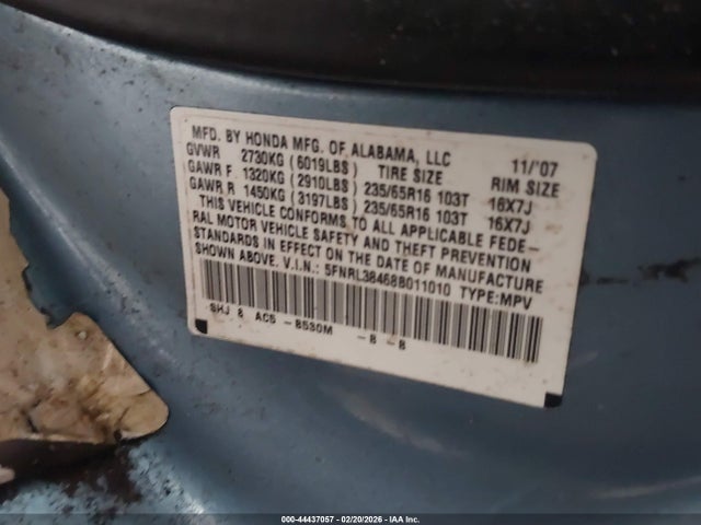 44437057 :رقم المزاد ، 5FNRL38468B011010 vin ، 2008 Honda Odyssey Ex مزاد بيع