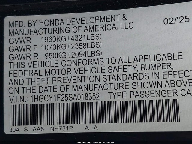 1HGCY1F25SA018352 Honda ACCORD LX