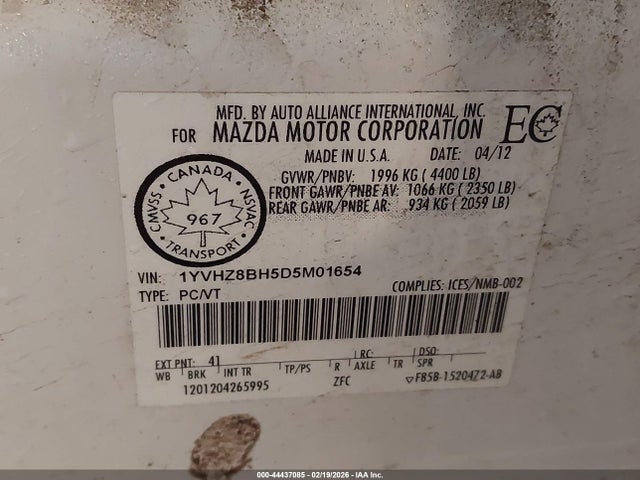 44437085 :رقم المزاد ، 1YVHZ8BH5D5M01654 vin ، 2013 Mazda Mazda6 I Sport مزاد بيع
