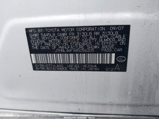 Aukcja sprzedaży 2008 Lexus Ls 460, vin: JTHBL46FX85056205, numer aukcji: 44437088
