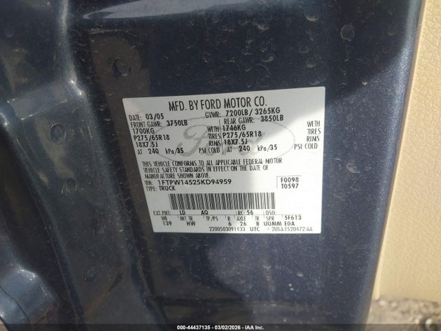 Aukcja sprzedaży 2005 Ford F-150 Fx4/lariat/xlt, vin: 1FTPW14525KD94959, numer aukcji: 44437135