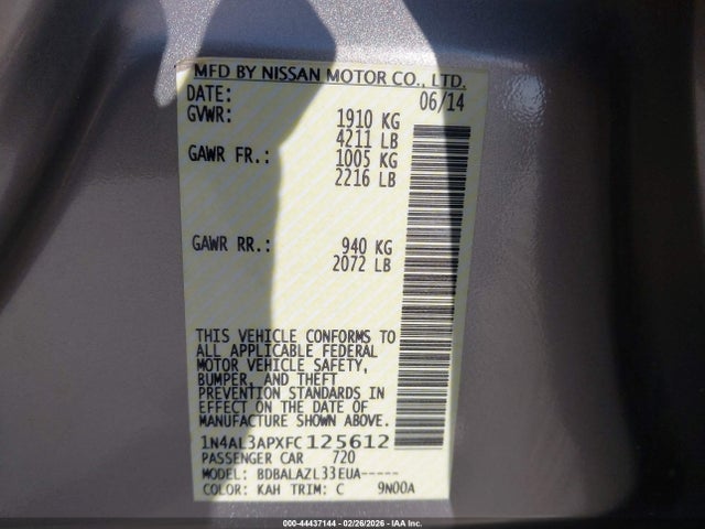 2015 Nissan Altima 2.5 მანქანა იყიდება აუქციონზე, vin: 1N4AL3APXFC125612, აუქციონის ნომერი: 44437144