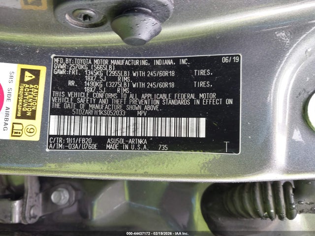 5TDZARFH1KS052033 Toyota Highlander