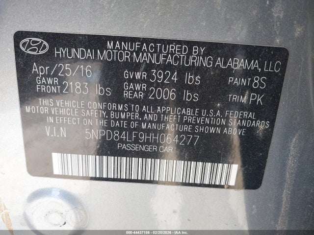 44437186 :رقم المزاد ، 5NPD84LF9HH064277 vin ، 2017 Hyundai Elantra Limited مزاد بيع
