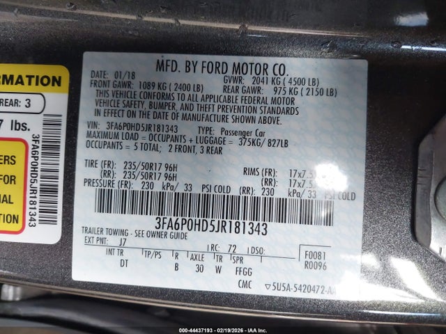 Ford FUSION SE 2018 3FA6P0HD5JR181343 Image 9