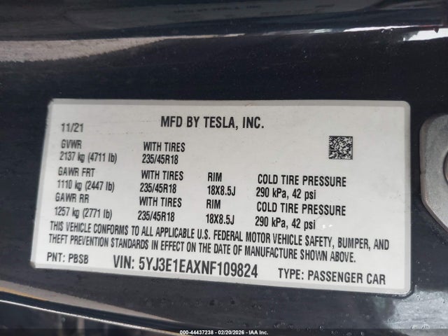 2022 TESLA MODEL 3 5YJ3E1EAXNF109824 Photo 8