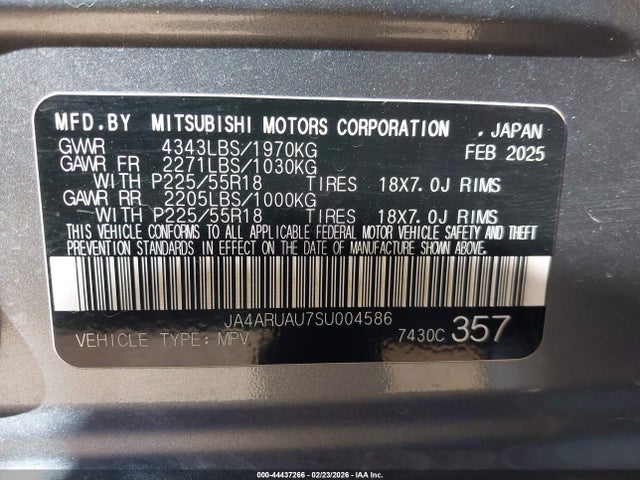 44437266 :رقم المزاد ، JA4ARUAU7SU004586 vin ، 2025 Mitsubishi Outlander Sport 2.0 Le Awc مزاد بيع