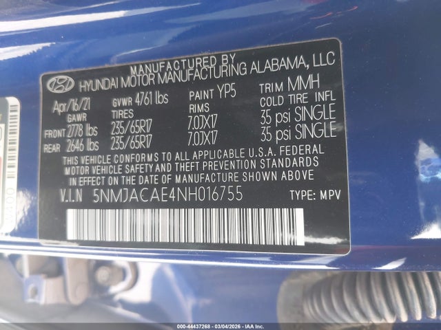 Продажа на аукционе авто 2022 Hyundai Tucson Se, vin: 5NMJACAE4NH016755, номер лота: 44437268