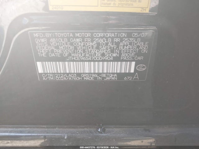 44437276 :رقم المزاد ، JTHCE96S470009904 vin ، 2007 Lexus Gs 350 مزاد بيع