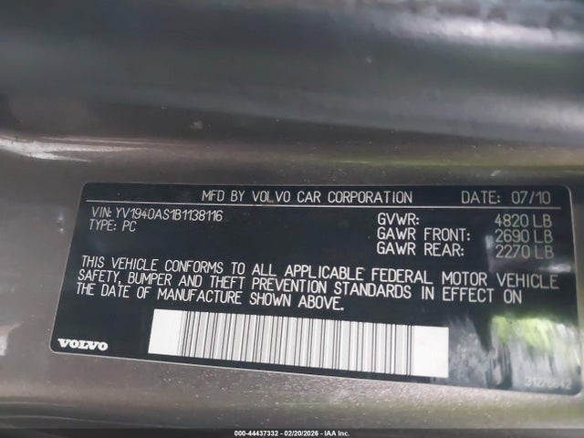 2011 Volvo S80 3.2 მანქანა იყიდება აუქციონზე, vin: YV1940AS1B1138116, აუქციონის ნომერი: 44437332