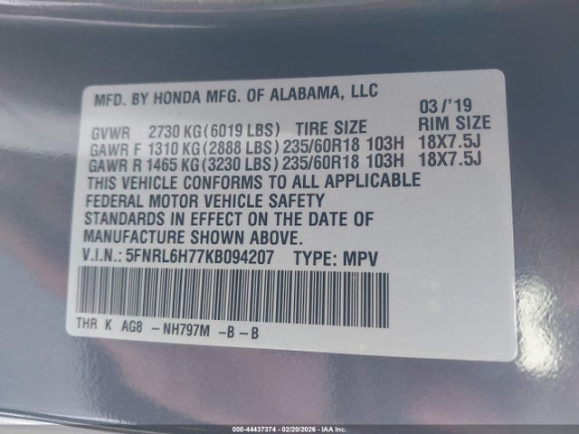 5FNRL6H77KB094207 Honda Odyssey Ex-l