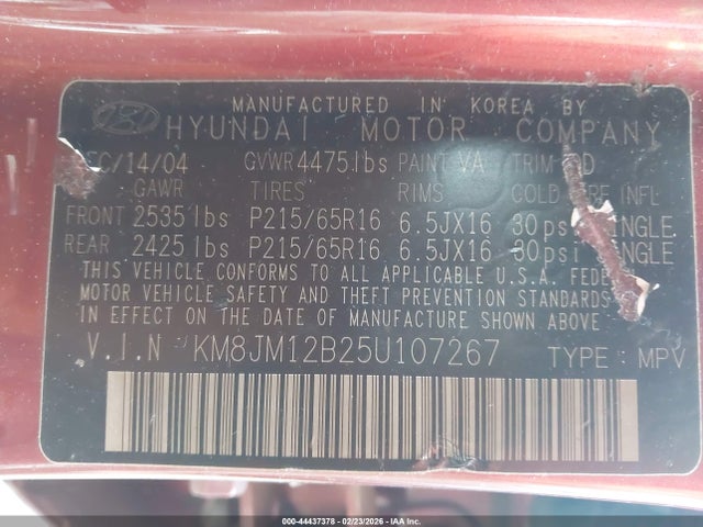 2005 HYUNDAI TUCSON KM8JM12B25U107267 Photo 8