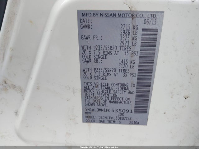Aukcja sprzedaży 2015 Infiniti Qx60, vin: 5N1AL0MM1FC535091, numer aukcji: 44437433
