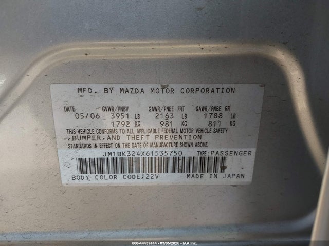 44437444 :رقم المزاد ، JM1BK324X61535750 vin ، 2006 Mazda Mazda3 S Touring مزاد بيع