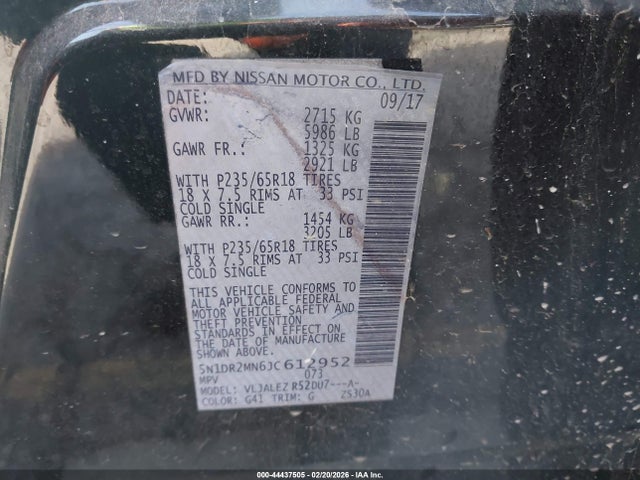 5N1DR2MN6JC612952 Nissan Pathfinder Sv