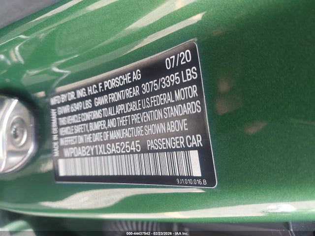 44437542 :رقم المزاد ، WP0AB2Y1XLSA52545 vin ، 2020 Porsche Taycan 4s مزاد بيع