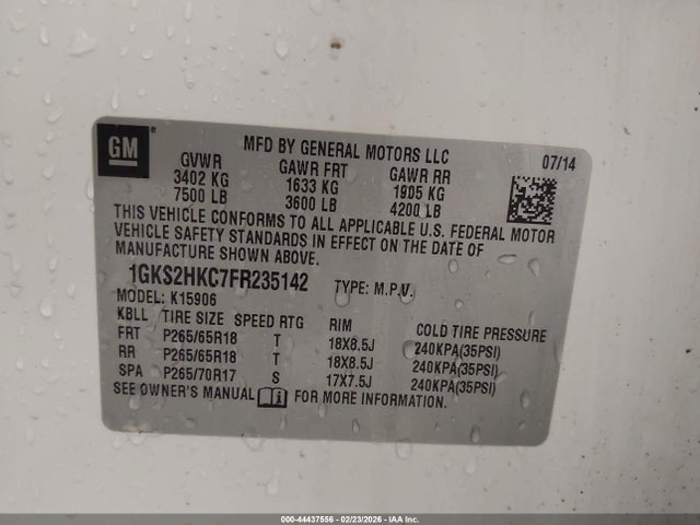 1GKS2HKC7FR235142 GMC Yukon Xl 1500 Slt