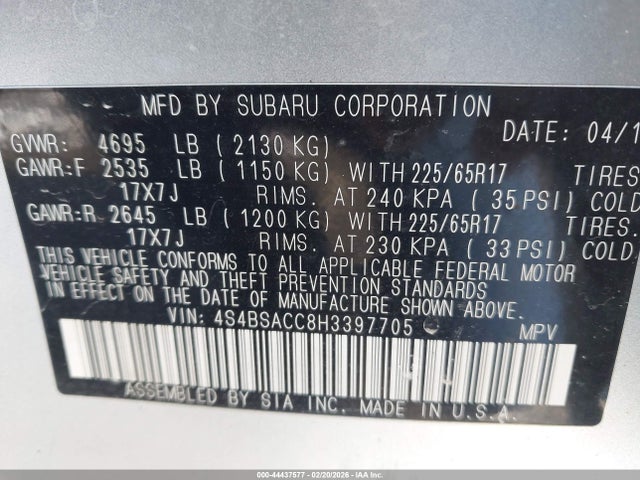 Subaru Outback 2.5i Premium 2017 4S4BSACC8H3397705 Image 9