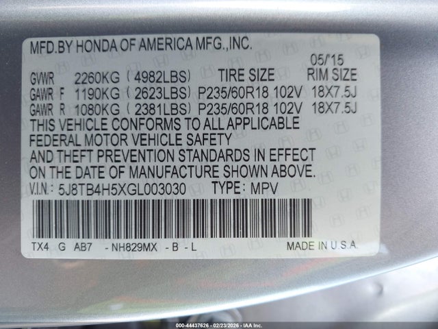 5J8TB4H5XGL003030 Acura Rdx Technology Acurawatch Plus Packages/technology Package