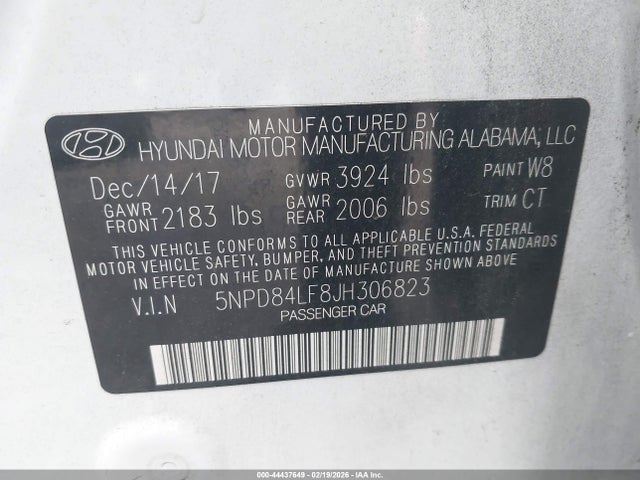 5NPD84LF8JH306823 Hyundai Elantra Value Edition