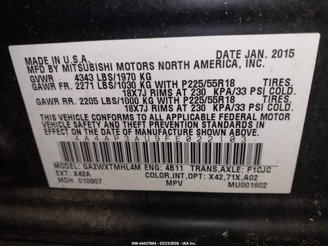 Aukcja sprzedaży 2015 Mitsubishi Outlander Sport Es, vin: 4A4AP3AU9FE022103, numer aukcji: 44437684