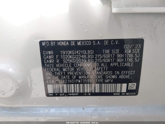 3CZRZ1H31PM735993 Honda Hr-v 2wd Lx