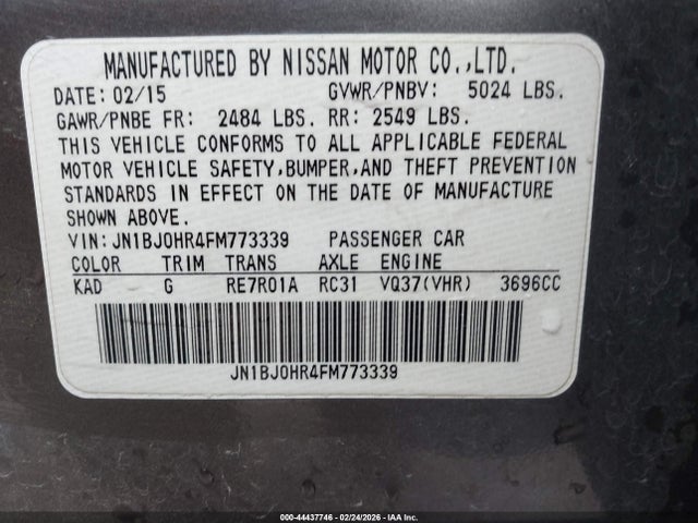 44437746 :رقم المزاد ، JN1BJ0HR4FM773339 vin ، 2015 Infiniti Qx50 Journey مزاد بيع