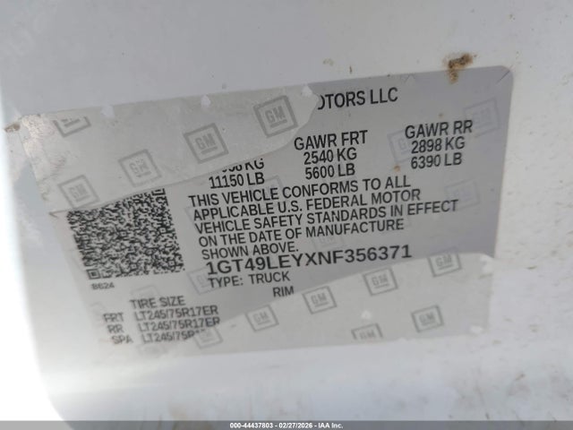 Aukcja sprzedaży 2022 Gmc Sierra 2500hd 4wd  Standard Bed Pro, vin: 1GT49LEYXNF356371, numer aukcji: 44437803