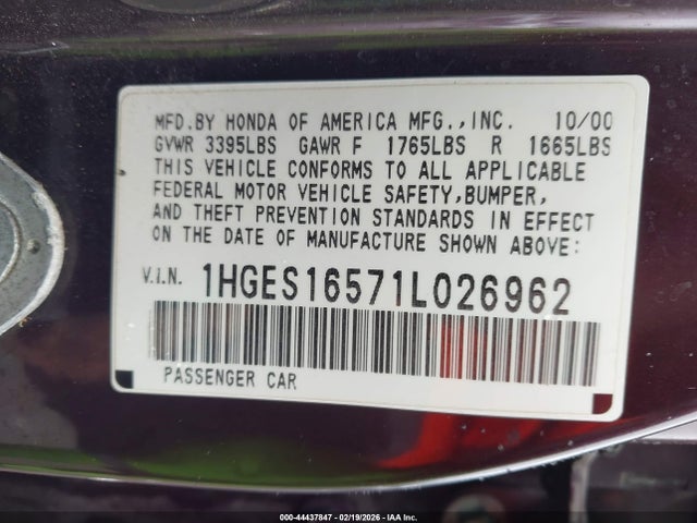 2001 HONDA CIVIC 1HGES16571L026962 Photo 8