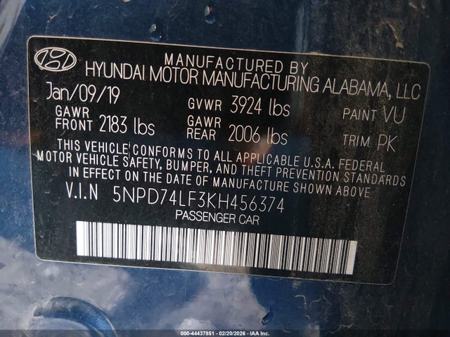 2019 Hyundai Elantra Se მანქანა იყიდება აუქციონზე, vin: 5NPD74LF3KH456374, აუქციონის ნომერი: 44437851