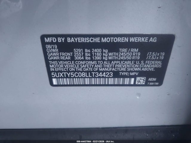 44437864 :رقم المزاد ، 5UXTY5C08LLT34423 vin ، 2020 Bmw X3 Xdrive30i مزاد بيع
