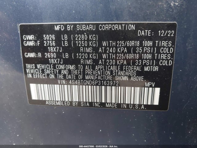 44437898 :رقم المزاد ، 4S4BTGND6P3163972 vin ، 2023 Subaru Outback Limited Xt مزاد بيع