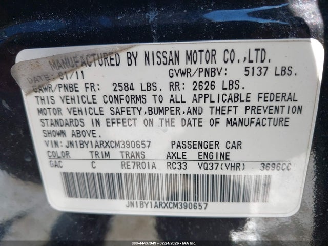 Aukcja sprzedaży 2012 Infiniti M37x, vin: JN1BY1ARXCM390657, numer aukcji: 44437949