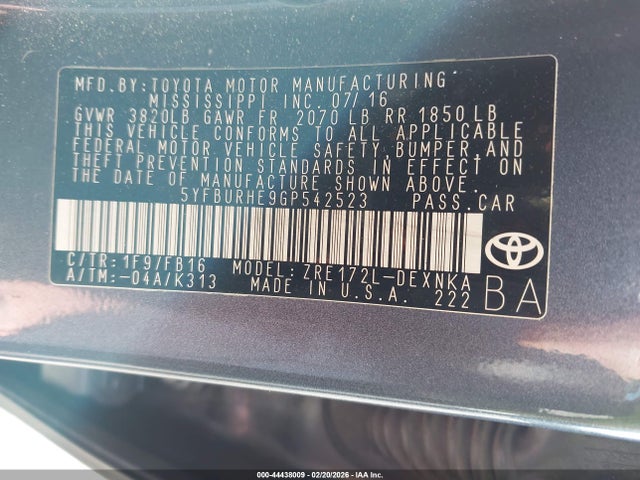 Toyota COROLLA LE 2016 5YFBURHE9GP542523 Image 9