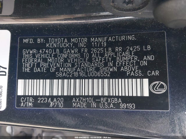 Продажа на аукционе авто 2020 Lexus Es 300h, vin: 58AC21B16LU006552, номер лота: 44438015