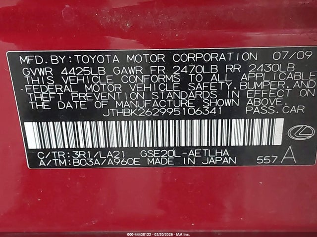 Aukcja sprzedaży 2009 Lexus Is 250, vin: JTHBK262995106341, numer aukcji: 44438122
