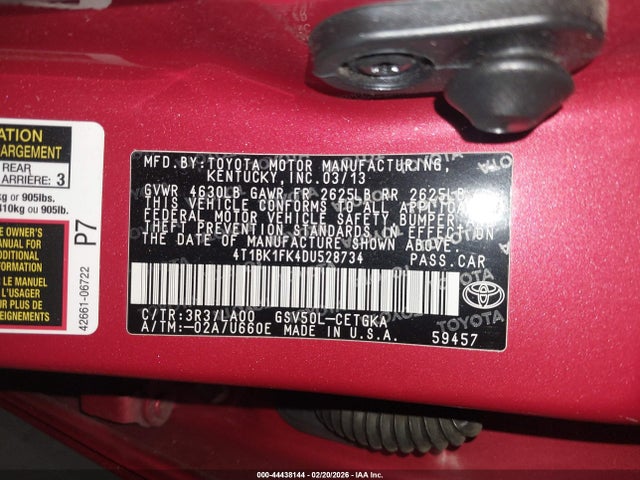 2013 Toyota Camry Xle V6 მანქანა იყიდება აუქციონზე, vin: 4T1BK1FK4DU528734, აუქციონის ნომერი: 44438144