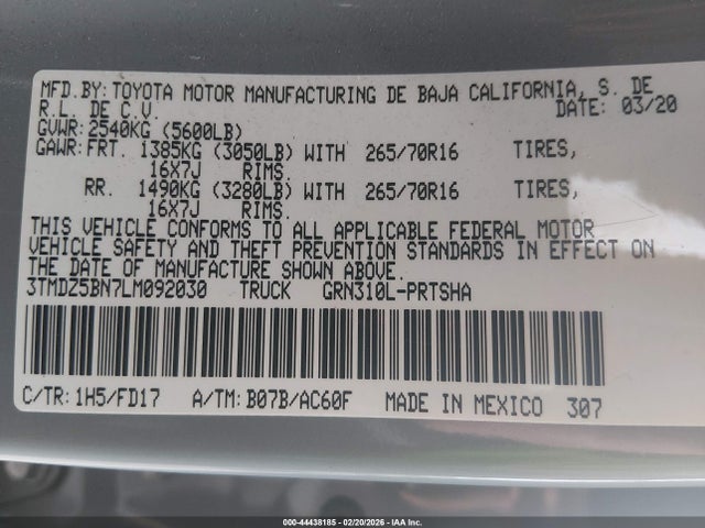 3TMDZ5BN7LM092030 Toyota Tacoma Double Cab/sr5/trd Sport/trd Off Road
