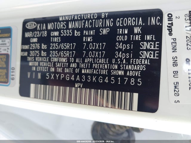 5XYPG4A33KG451785 KIA Sorento 2.4l Lx