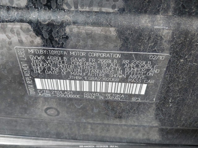 Продажа на аукционе авто 2010 Lexus Es 350, vin: JTHBK1EG8A2382068, номер лота: 44438224