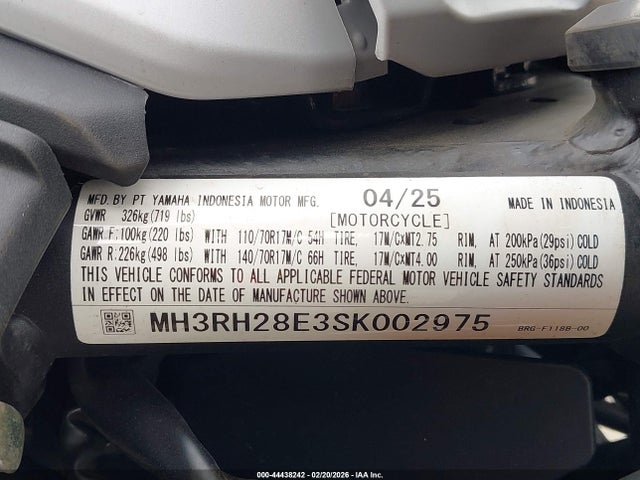 Aukcja sprzedaży 2025 Yamaha Mtn320 A, vin: MH3RH28E3SK002975, numer aukcji: 44438242