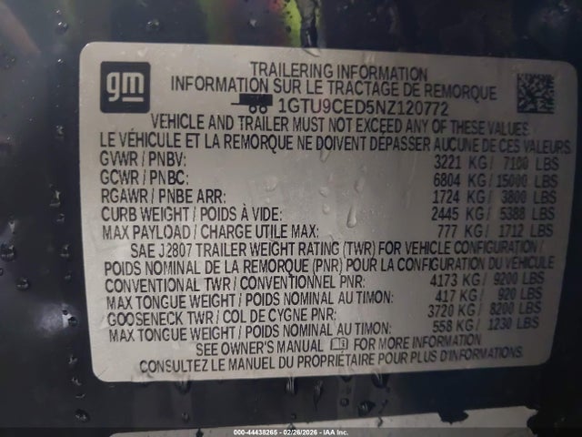 1GTU9CED5NZ120772 GMC Sierra 1500 Limited Elevation