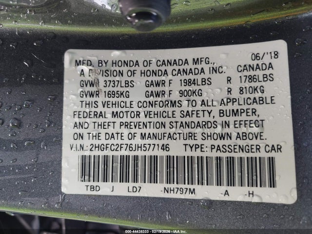 Honda CIVIC EX 2018 2HGFC2F76JH577146 Image 9