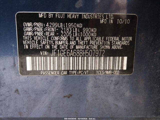 Продажа на аукционе авто 2011 Subaru Impreza 2.5i, vin: JF1GE6A68BH507972, номер лота: 44438346