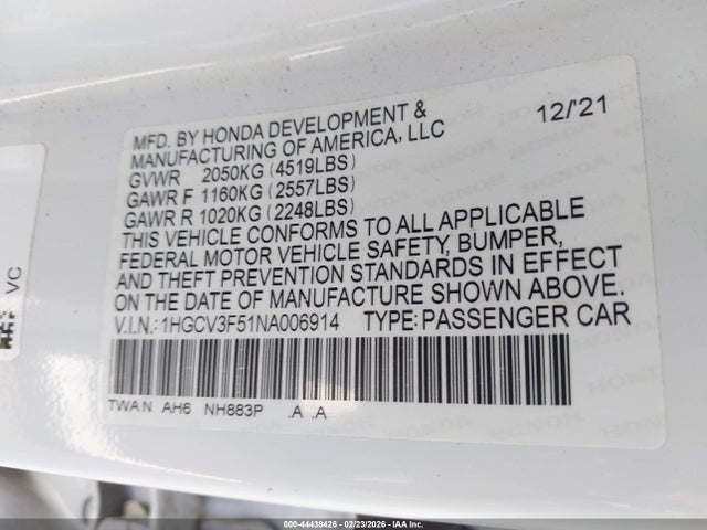 1HGCV3F51NA006914 Honda Accord Hybrid Ex-l
